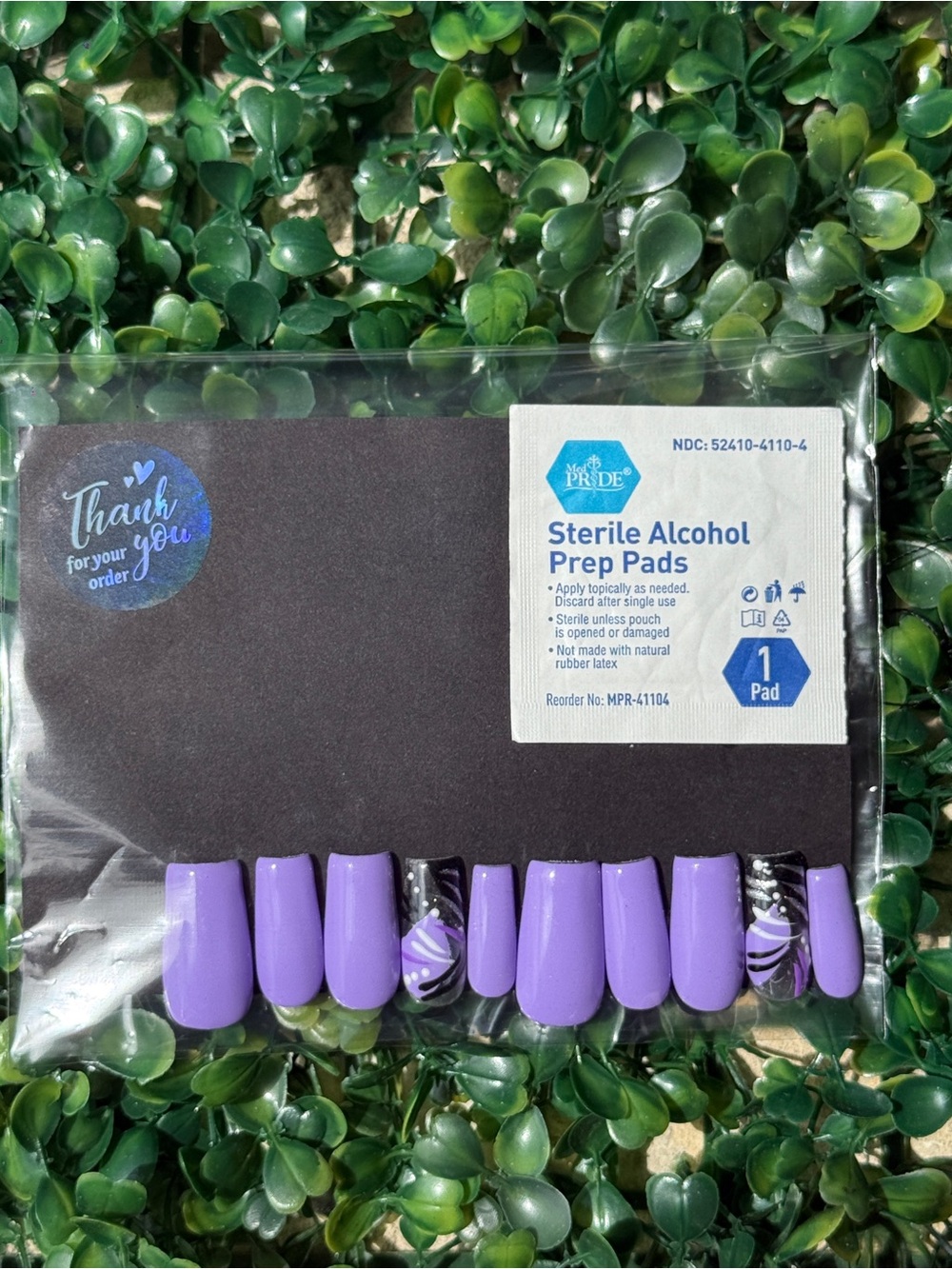 Purple Press-On Nail Set with Accent Design - Sterile Prep Pad Included